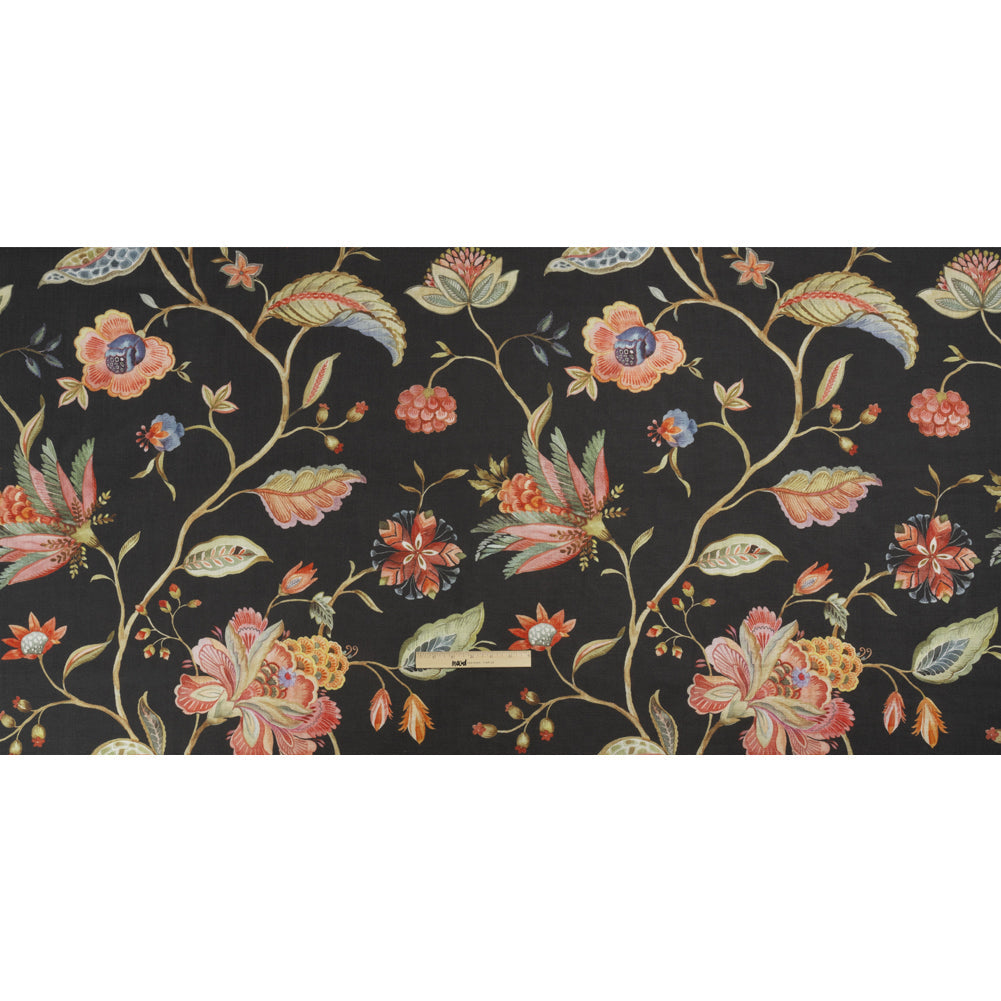 Shale, Red and Orange Floral Slubbed Cotton Woven