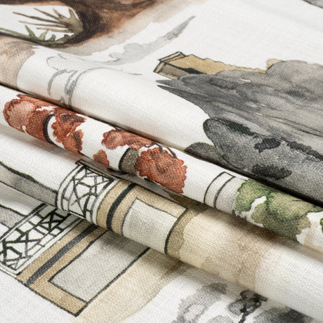 Gray, Rust and Green Pagodas and Mountains Slubbed Cotton Woven