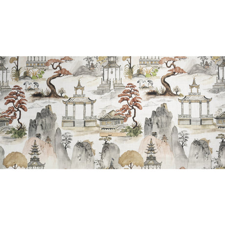 Gray, Rust and Green Pagodas and Mountains Slubbed Cotton Woven