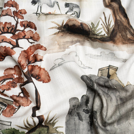Gray, Rust and Green Pagodas and Mountains Slubbed Cotton Woven