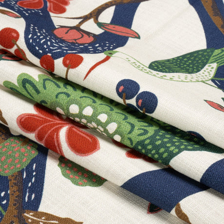 Pink, Blue and Green Birds, Blooms and Berries Slubbed Cotton Woven