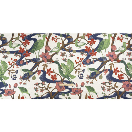 Pink, Blue and Green Birds, Blooms and Berries Slubbed Cotton Woven