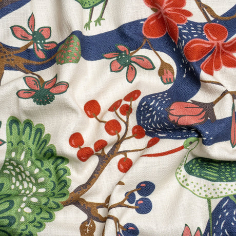 Pink, Blue and Green Birds, Blooms and Berries Slubbed Cotton Woven