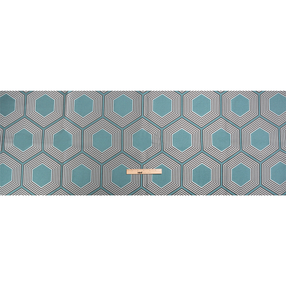 Teal, Charcoal and Gray Reverberating Hexagons Polyester Jacquard