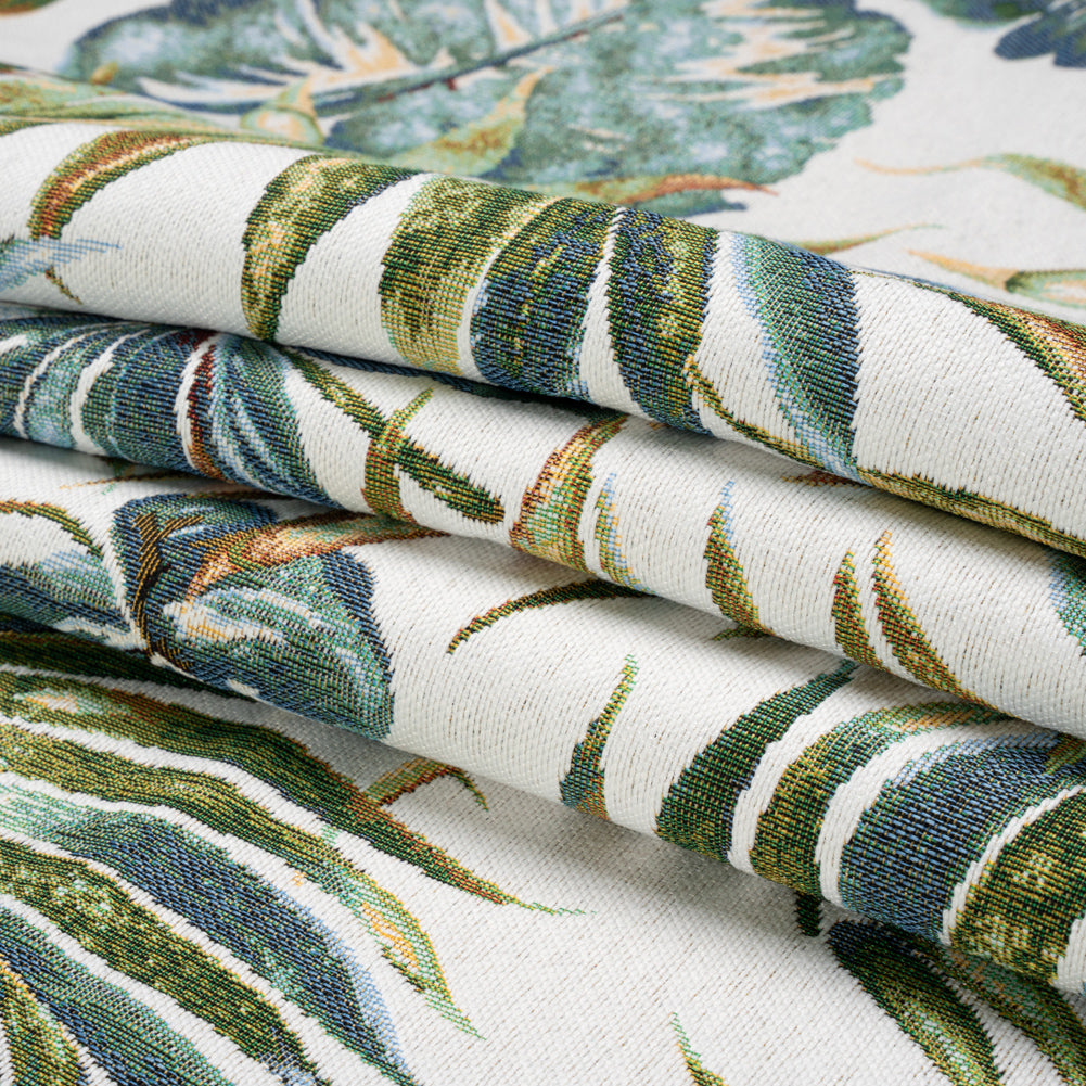 White and Green Tropical Leaves Polyester and Cotton Jacquard