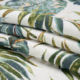White and Green Tropical Leaves Polyester and Cotton Jacquard