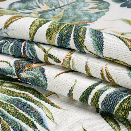 White and Green Tropical Leaves Polyester and Cotton Jacquard
