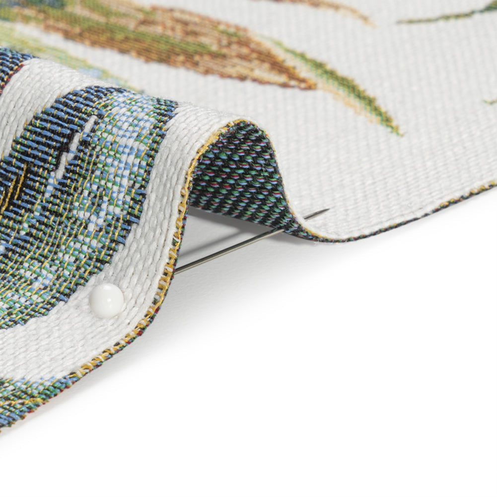 White and Green Tropical Leaves Polyester and Cotton Jacquard