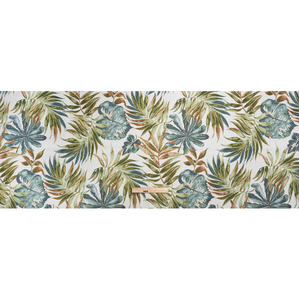 White and Green Tropical Leaves Polyester and Cotton Jacquard