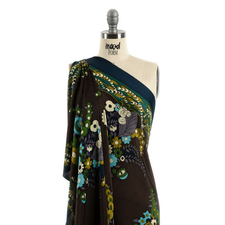 Blue, Brown and Green Floral Silk Jersey Panel