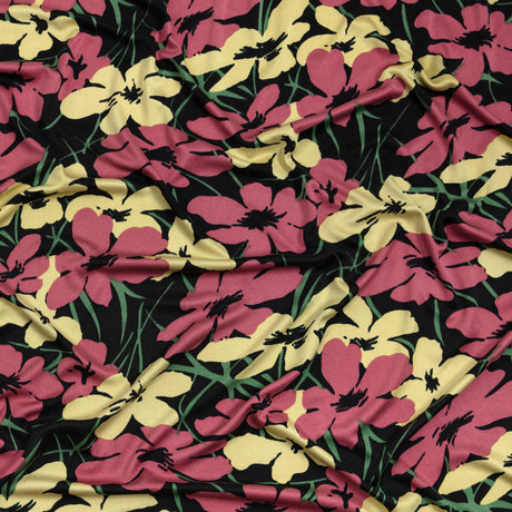 Black, Dark Rose and Yellow Floral Silk Jersey