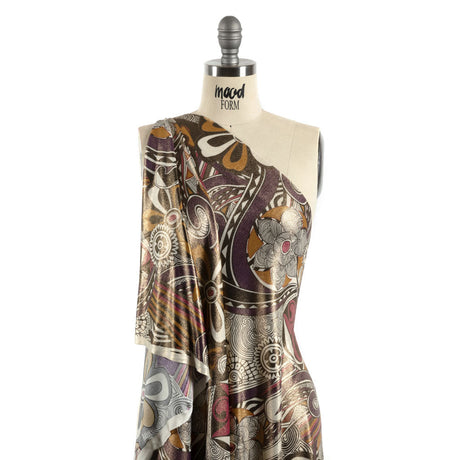 Purple, Fuchsia and Goldenrod Retro Floral SIlk Jersey with Gold Foil