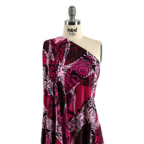 Bubblegum, Fuchsia and Wine Diamonds and Floral Outlines Silk Jersey