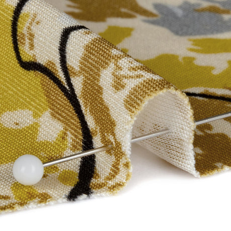 Yellow, Gold and Gray Loose Flowers and Leaves Silk Jersey