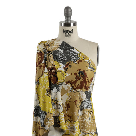 Yellow, Gold and Gray Loose Flowers and Leaves Silk Jersey