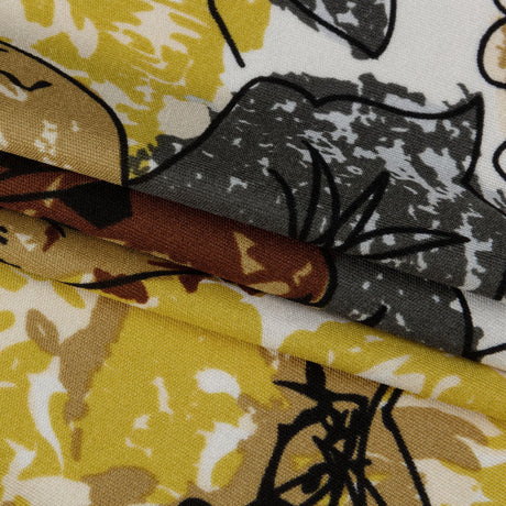 Yellow, Gold and Gray Loose Flowers and Leaves Silk Jersey