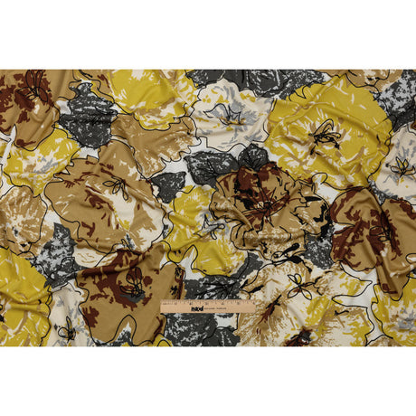 Yellow, Gold and Gray Loose Flowers and Leaves Silk Jersey
