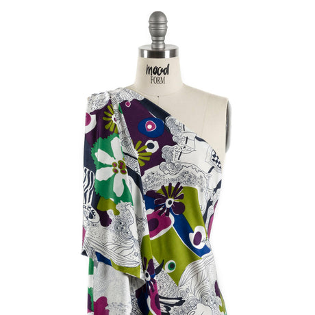 Magenta, Kiwi and Navy Flowers and Animal Sketches Silk Jersey