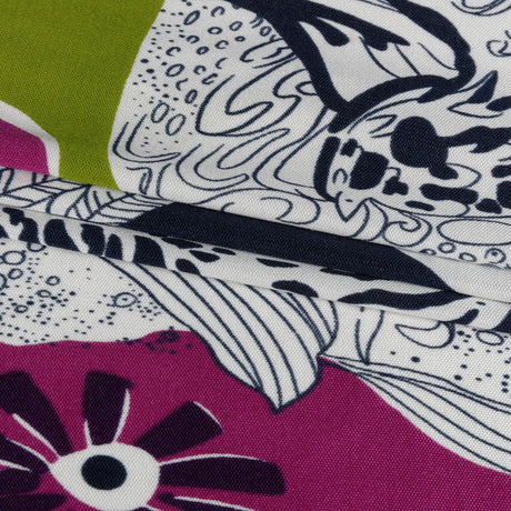 Magenta, Kiwi and Navy Flowers and Animal Sketches Silk Jersey