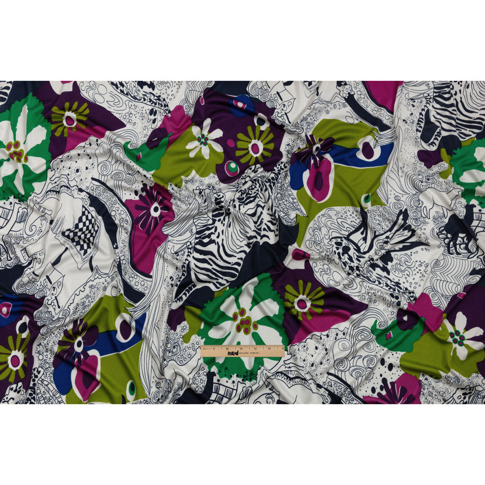 Magenta, Kiwi and Navy Flowers and Animal Sketches Silk Jersey