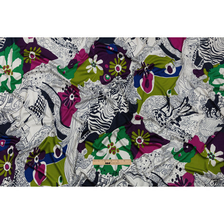 Magenta, Kiwi and Navy Flowers and Animal Sketches Silk Jersey