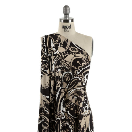 Chocolate, Tan and Whisper White Retro Flowers and Circles Silk Jersey