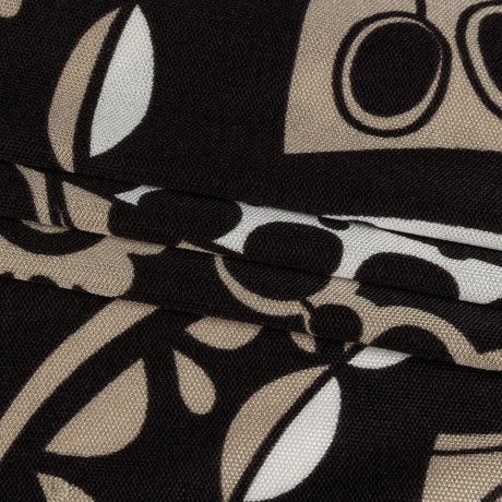 Chocolate, Tan and Whisper White Retro Flowers and Circles Silk Jersey