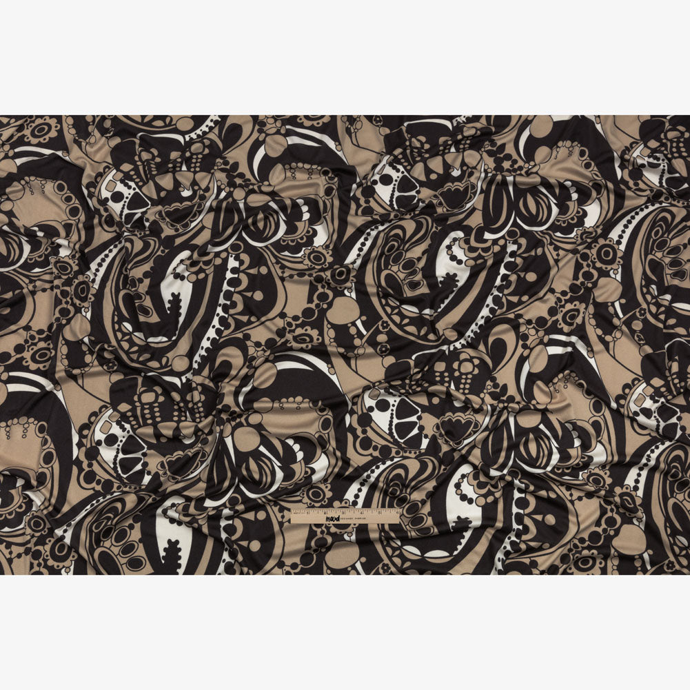 Chocolate, Tan and Whisper White Retro Flowers and Circles Silk Jersey