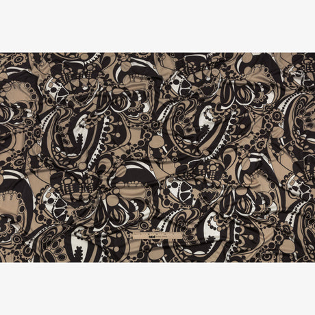 Chocolate, Tan and Whisper White Retro Flowers and Circles Silk Jersey