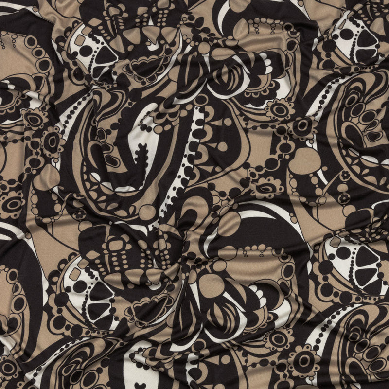 Chocolate, Tan and Whisper White Retro Flowers and Circles Silk Jersey