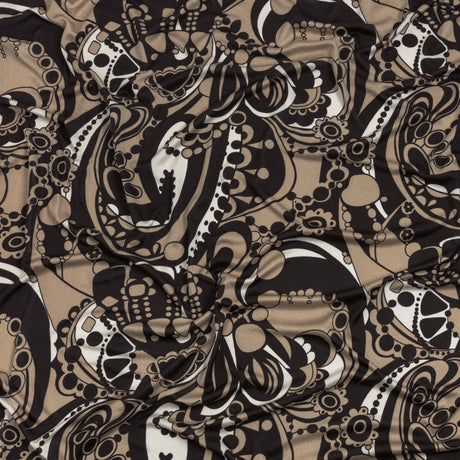 Chocolate, Tan and Whisper White Retro Flowers and Circles Silk Jersey