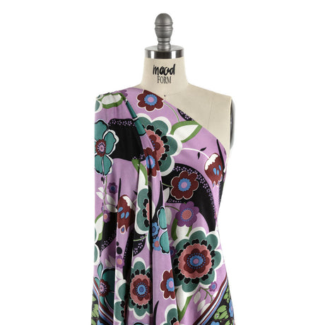 Lilac, Teal and Rust Floral Border Stripe Silk Jersey