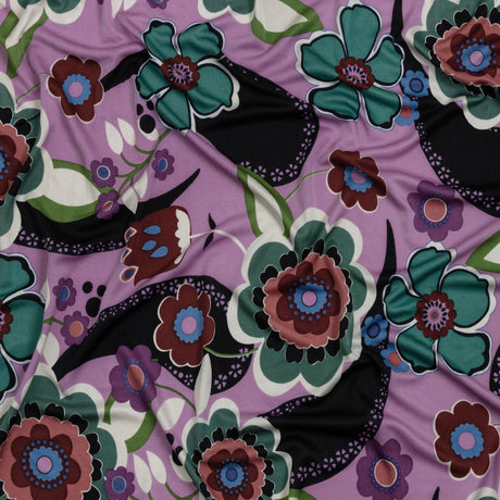 Lilac, Teal and Rust Floral Border Stripe Silk Jersey