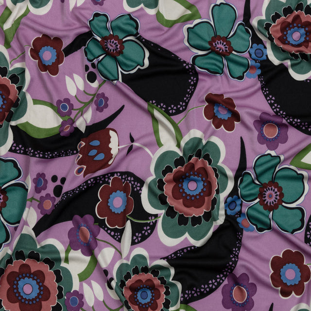 Lilac, Teal and Rust Floral Border Stripe Silk Jersey
