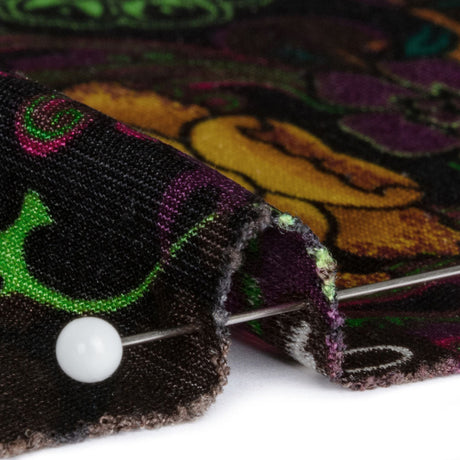 Brown, Green and Plum Waterlilies and Irises Border Silk Jersey