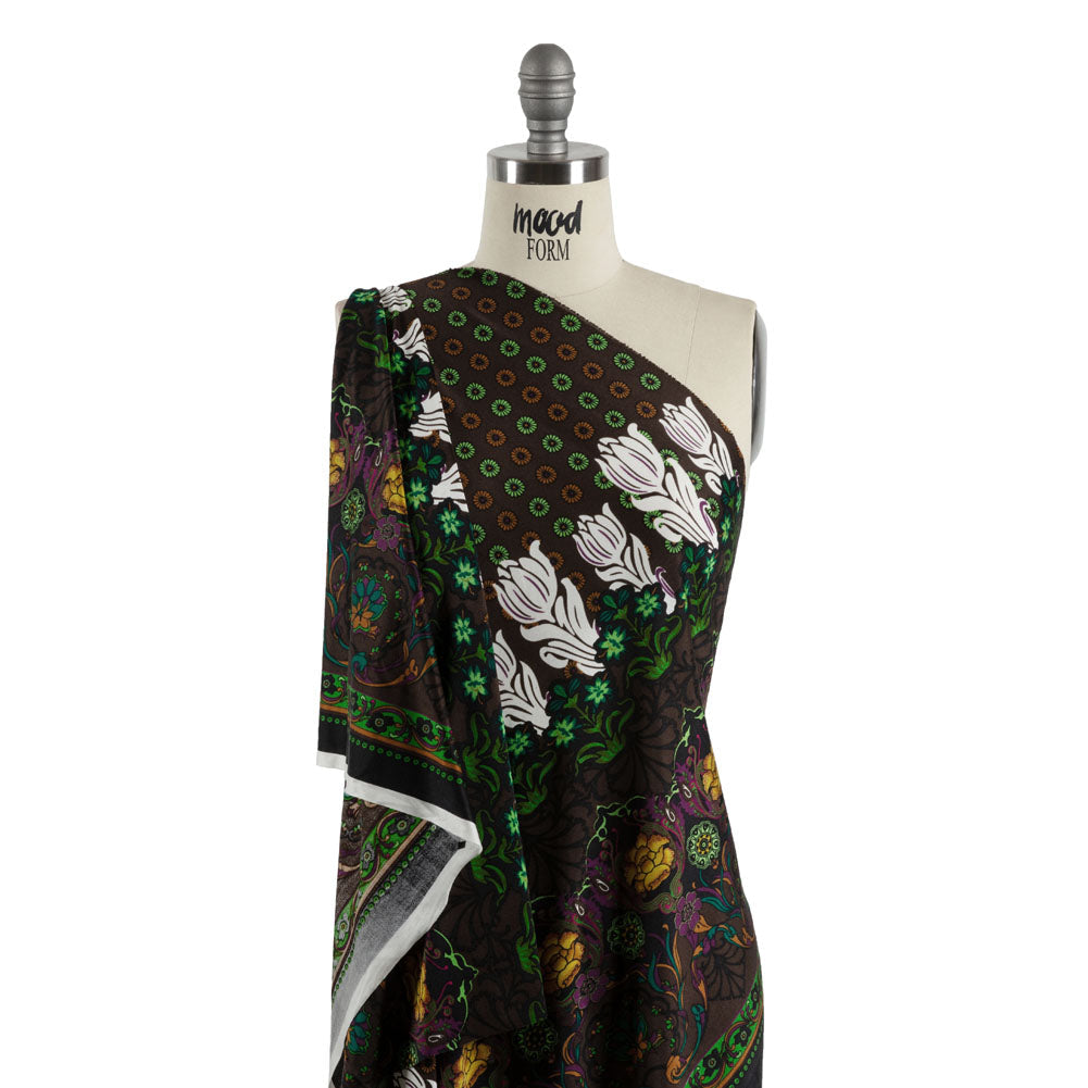 Brown, Green and Plum Waterlilies and Irises Border Silk Jersey