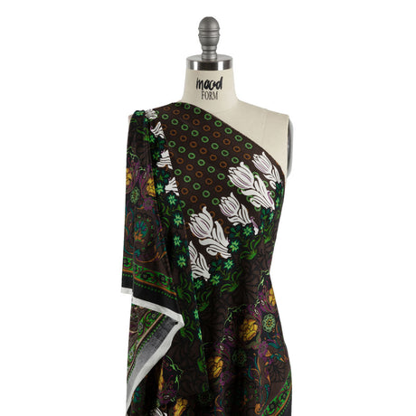 Brown, Green and Plum Waterlilies and Irises Border Silk Jersey