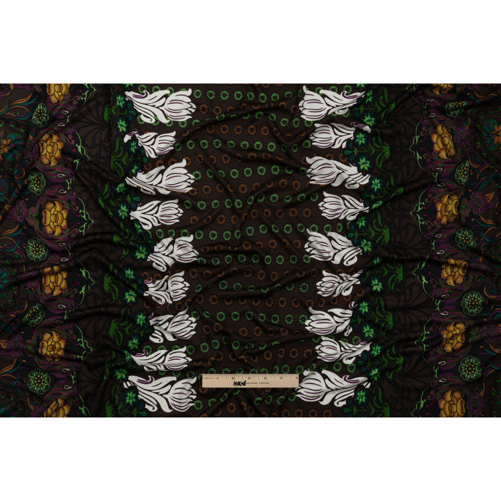 Brown, Green and Plum Waterlilies and Irises Border Silk Jersey