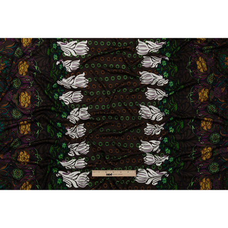Brown, Green and Plum Waterlilies and Irises Border Silk Jersey