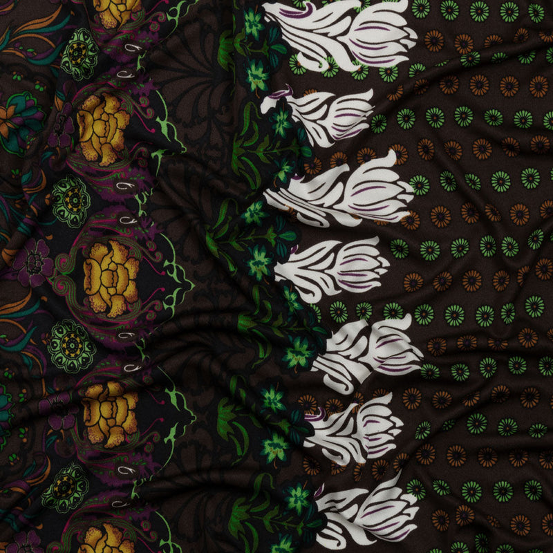 Brown, Green and Plum Waterlilies and Irises Border Silk Jersey