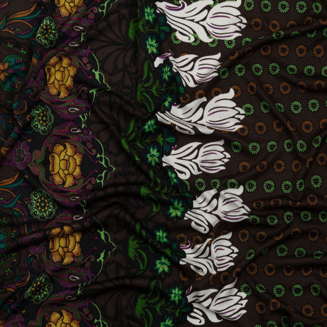 Brown, Green and Plum Waterlilies and Irises Border Silk Jersey