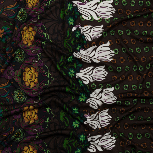 Brown, Green and Plum Waterlilies and Irises Border Silk Jersey