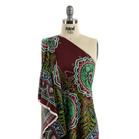 Burgundy, Green and Navy Palm Leaf Mandalas and Classical Stripe Border Silk Jersey