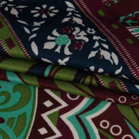Burgundy, Green and Navy Palm Leaf Mandalas and Classical Stripe Border Silk Jersey