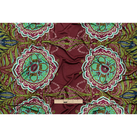 Burgundy, Green and Navy Palm Leaf Mandalas and Classical Stripe Border Silk Jersey