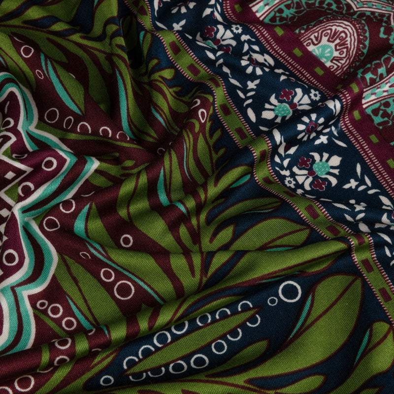 Burgundy, Green and Navy Palm Leaf Mandalas and Classical Stripe Border Silk Jersey
