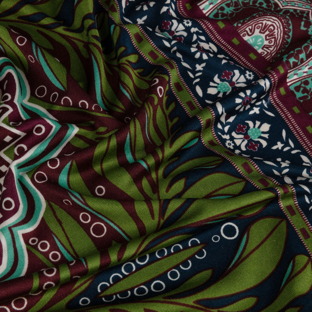 Burgundy, Green and Navy Palm Leaf Mandalas and Classical Stripe Border Silk Jersey