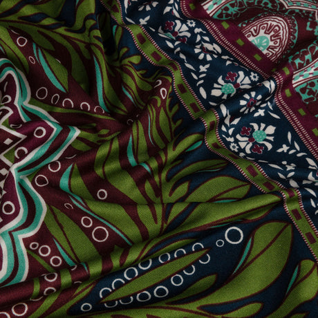 Burgundy, Green and Navy Palm Leaf Mandalas and Classical Stripe Border Silk Jersey