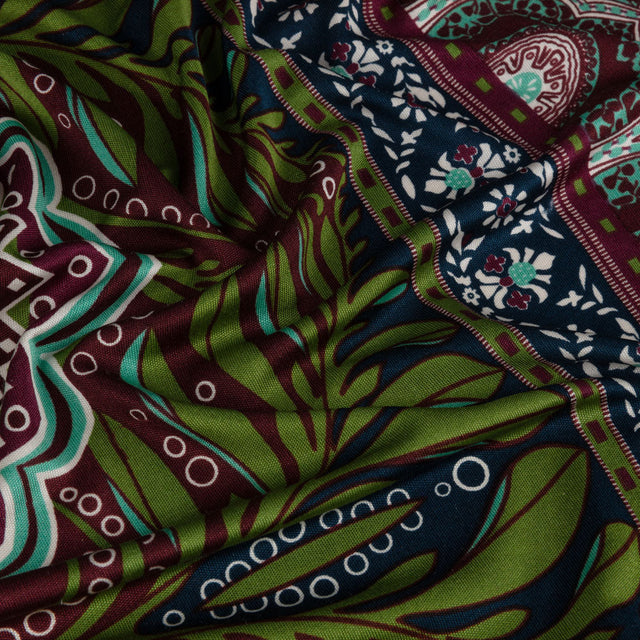 Burgundy, Green and Navy Palm Leaf Mandalas and Classical Stripe Border Silk Jersey