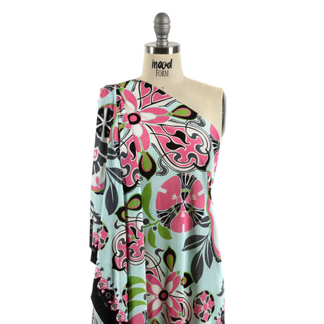 Aqua, Pink and Green Floral Flow Border Print Silk Jersey